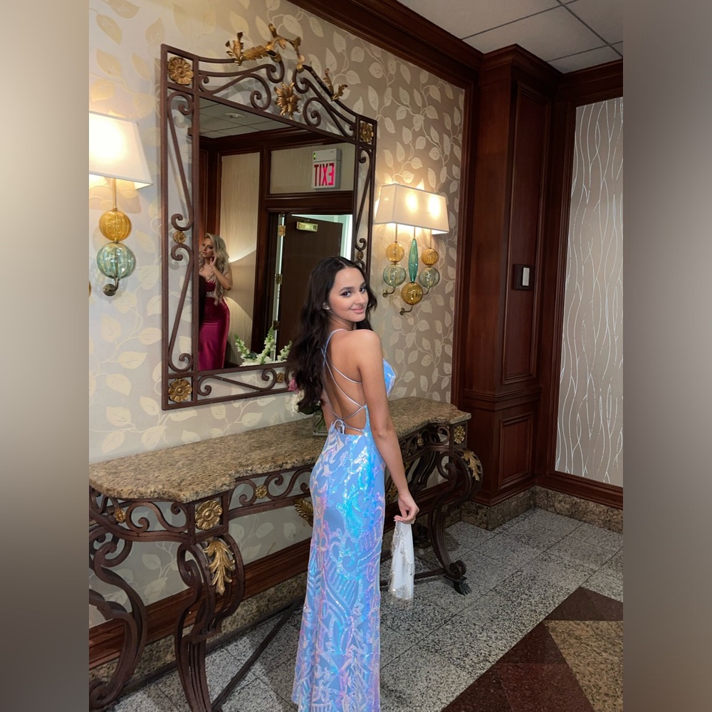 WORN ONCE Blue iridescent sequin open back dress. - Picture 2 of 7